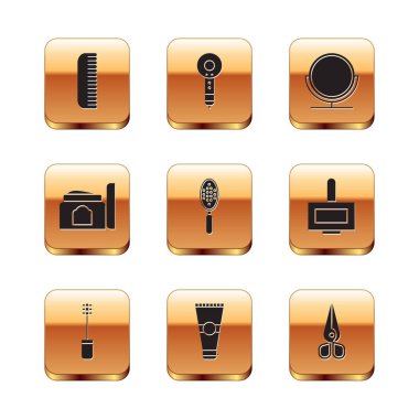 Set Hairbrush Mascara Lotion cosmetic tube Cream Round makeup mirror Scissors and dryer icon. Vector.