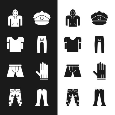 Set Pants Long sleeve shirt Hoodie Police cap with cockade Men underpants Leather glove and Camouflage cargo icon. Vector.