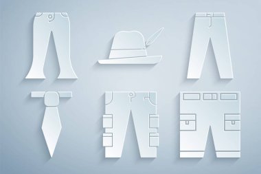 Set Cargo pants Pants Tie Short or Oktoberfest hat and icon. Vector.