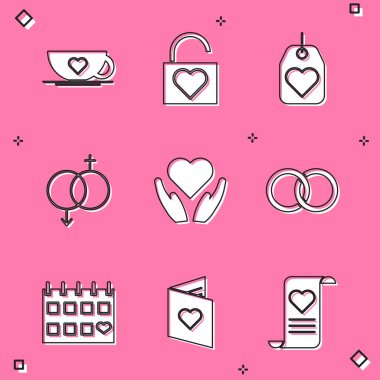 Set Coffee cup and heart Lock Heart tag Gender in hand Wedding rings Calendar with and Valentines day flyer icon. Vector.