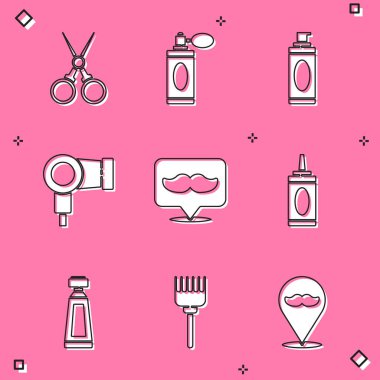 Set Scissors hairdresser Aftershave bottle with atomizer Shaving gel foam Hair dryer Barbershop Bottle of shampoo Cream lotion cosmetic tube and Hairbrush icon. Vector.