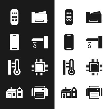 Set Water tap Smartphone Remote control Printer Meteorology thermometer Processor with microcircuits CPU and House icon. Vector.