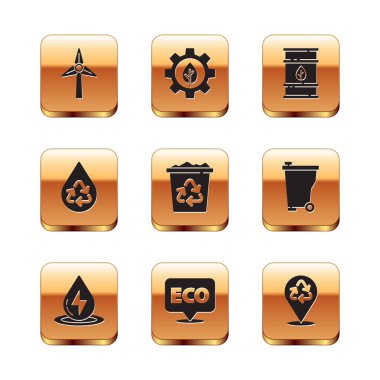 Set Wind turbine Water energy Label for eco healthy food Recycle with recycle clean aqua Bio fuel barrel and Leaf plant gear machine icon. Vector.