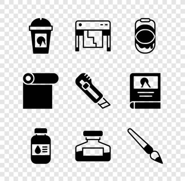 Set Coffee cup to go Plotter Paint bucket Printer ink bottle Ink brush Roll paper and Stationery knife icon. Vector.