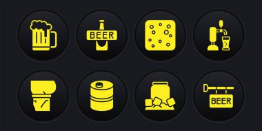 Set Beer belly tap with glass Metal beer keg Cold can bubbles bottle Street signboard and Wooden mug icon. Vector.