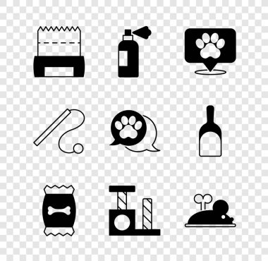 Set Dog shit in bag Pet shampoo Location veterinary hospital Bag of food for pet Cat scratching post Clockwork mouse toy and Paw print icon. Vector.