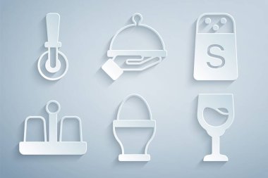 Set Chicken egg on stand Salt pepper Wine glass Covered with tray of food and Pizza knife icon. Vector.