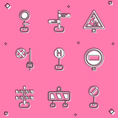 Set Road traffic sign Warning road Stop with camera Hospital barrier and icon. Vector.