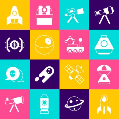 Set Rocket ship Space capsule Telescope Planet Cosmic and Mars rover icon. Vector.