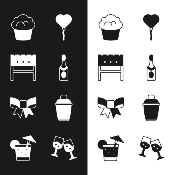 Set Champagne Bottle Bbq Brazier Muffin Balloons Form Heart Gift — Image vectorielle