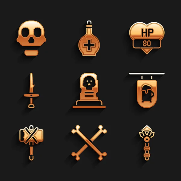 Set Grave Tombstone Crossed Human Bones Magic Wand Street Signboard — 스톡 벡터