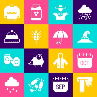 Set Winter scarf October calendar autumn Witch hat Scarecrow Wheat Sweater and Umbrella icon. Vector.