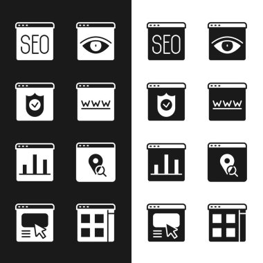 Set Browser window with shield SEO optimization incognito Graph chart infographic Infographic of city map files and UI or UX design icon. Vector.