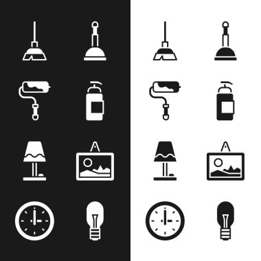 Set Antibacterial soap Paint roller brush Handle broom Rubber plunger Table lamp Picture Light bulb and Clock icon. Vector.
