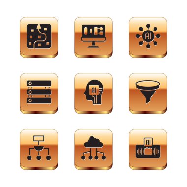 Set Neural network Algorithm Network cloud connection Humanoid robot Server Data Artificial intelligence AI and icon. Vector.