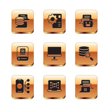 Set Server Data Neural network Computer monitor Artificial intelligence AI Chat bot and icon. Vector.