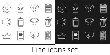 Set line Mobile Apps Trash can Wi-Fi wireless network Battery Speaker volume Cogwheel gear settings Trophy cup and Microphone icon. Vector.