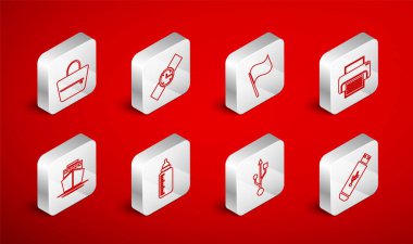 Set line USB flash drive Wrist watch Flag Printer Handbag Baby bottle and Ship icon. Vector.