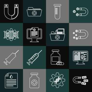Set line Magnet with money Clinical record monitor Test tube flask Genetic engineering and Health folder icon. Vector.