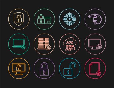 Set line Document and lock Lock on monitor Time Management Server security with Laptop Shield Cloud api interface and Credit card icon. Vector.