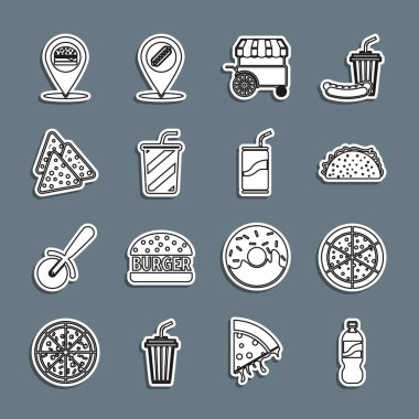 Set line Bottle of water Pizza Taco with tortilla Fast street food cart Glass Nachos Location burger and Soda can drinking straw icon. Vector.