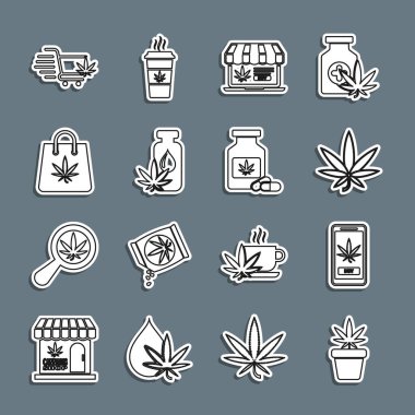 Set line Marijuana plant in pot Online buying marijuana or cannabis leaf oil Shopping bag of cart with and Medical bottle icon. Vector.