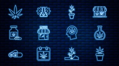 Set line Marijuana plant in pot Test tube with marijuana and cannabis store Medical bottle leaf Head profile and icon. Vector.