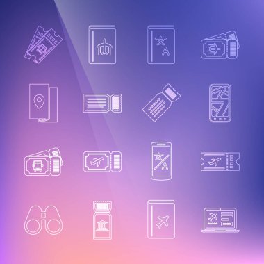 Set line Laptop with ticket Airline Infographic of city map Translator book Ticket Cover travel guide Bus and icon. Vector.
