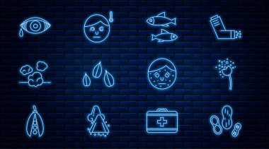 Set line Peanut Flower producing pollen Fish Sesame seeds Dust Reddish eye allergic conjunctivitis Face with psoriasis or eczema and High human body temperature icon. Vector.