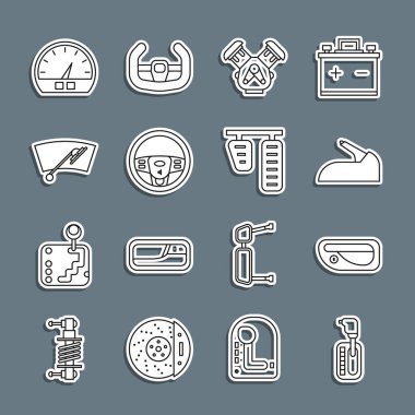 Set line Gear shifter Car door handle handbrake engine Steering wheel Windscreen wiper Speedometer and gas pedals icon. Vector.