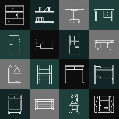 Set line Window with curtains Bunk bed Office desk Round table Bed Closed door Shelf and icon. Vector.