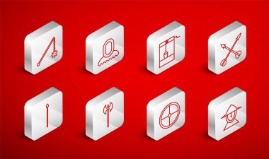 Set line Medieval iron helmet hood Well with bucket crossed arrows Round wooden shield chained mace ball axe and spear icon. Vector.