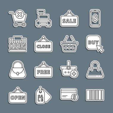 Set line Barcode Handbag Buy button Hanging sign with Sale Closed Shopping building open Remove shopping cart and basket icon. Vector.