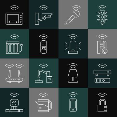 Set line Smart safe combination lock Wireless TV box receiver thermometer microphone remote control heating radiator microwave oven and flasher siren icon. Vector.