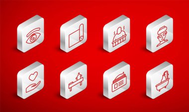 Set line Bathtub Fitness mat roll Sauna and spa procedures Facial cosmetic mask Ointment cream tube Hypnosis Massage table with oil and Heart hand icon. Vector.