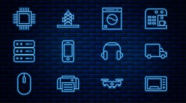 Set line Microwave oven Delivery cargo truck Washer Smartphone Server Data Web Hosting Processor with microcircuits CPU Headphones and Antenna icon. Vector.