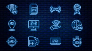 Set line Digital speed meter 5G network Monitor with Location and Sim Card icon. Vector.