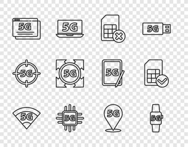 Set line 5G network Smart watch Sim card rejected Processor Location and icon. Vector.