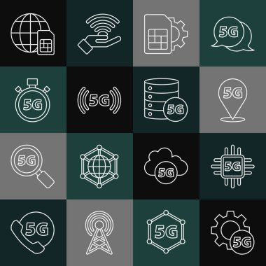 Set line Setting 5G network Processor Location Sim card setting Digital speed meter Globe Card and Server icon. Vector.