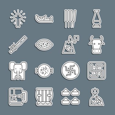 Set line Indian man plays flute Hindu swastika Cow Aroma sticks incense Kheer bowl Bamboo indian Christian cross and Tea bag icon. Vector.