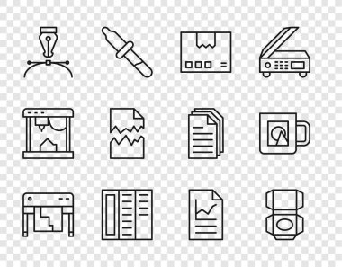 Set line Plotter Carton cardboard box Brochure Fountain pen nib Torn document Document with graph chart and Coffee cup icon. Vector.