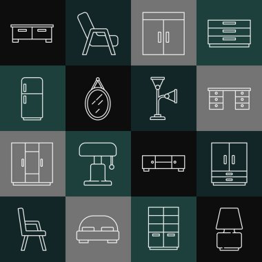Set line Table lamp Wardrobe Office desk Mirror Refrigerator Chest of drawers and Floor icon. Vector.
