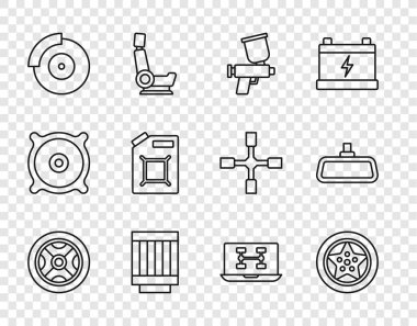 Set line Car wheel Paint spray gun air filter brake disk with caliper Canister for gasoline Diagnostics condition of car and mirror icon. Vector.