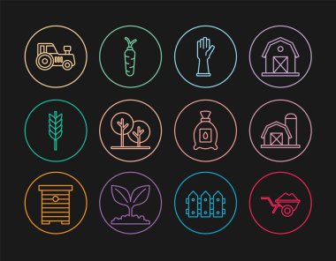 Set line Wheelbarrow with dirt Farm house Rubber gloves Tree Wheat Tractor Pack full of seeds of plant and Carrot icon. Vector.