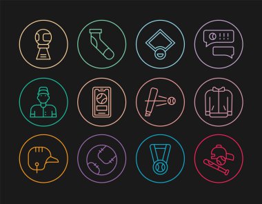 Set line Baseball bat with ball hat t-shirt field Mobile baseball player Award cup and sock icon. Vector.