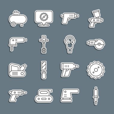 Set line Soldering iron Circular saw blade Angle grinder Electric cordless screwdriver Electrical hand concrete mixer jigsaw Air compressor and icon. Vector.