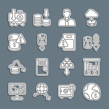 Set line Global economic crisis Pie chart infographic Drop crude oil price Worker and icon. Vector.