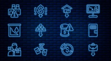 Set line Briefcase Prison cell door Falling property prices Gold bars Drop crude oil Shutdown of factory and Dollar rate decrease icon. Vector.