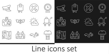 Set line Box flying on parachute Trolley baggage Plane Aviation emblem Suitcase Pilot hat Sun and cloud weather and icon. Vector.
