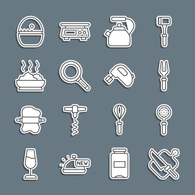 Set line Cutting board and knife Spatula Barbecue fork Kettle with handle Frying pan Bowl of hot soup Kitchen timer and Electric mixer icon. Vector.